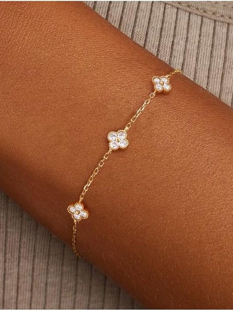 14k Gold Plated Four Leaf Clover Birthstone Bracelet Dainty Stackable Link